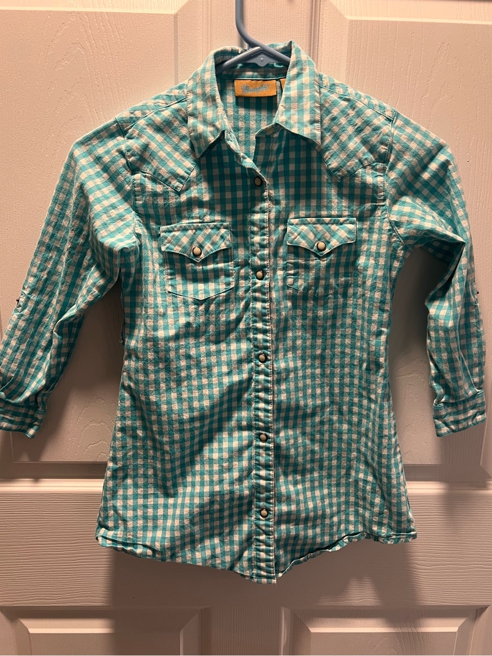 Wrangler Girls Turquoise Gingham Button-Front Shirt Pearl Snaps